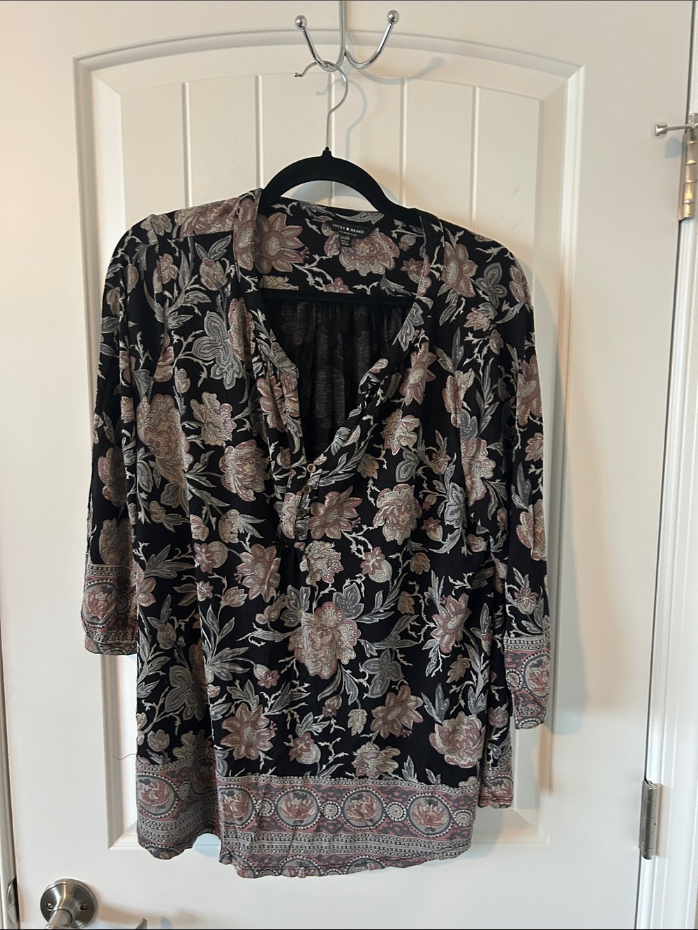 Lucky Brand Black Paisley Floral Blouse with Pink and Gray Accents